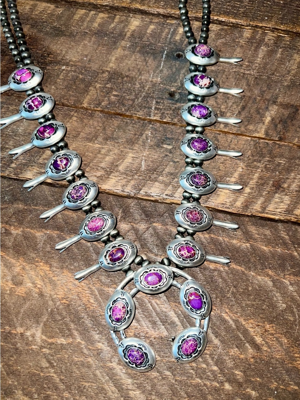 Silver-Tone Squash Blossom Necklace with Purple Stones